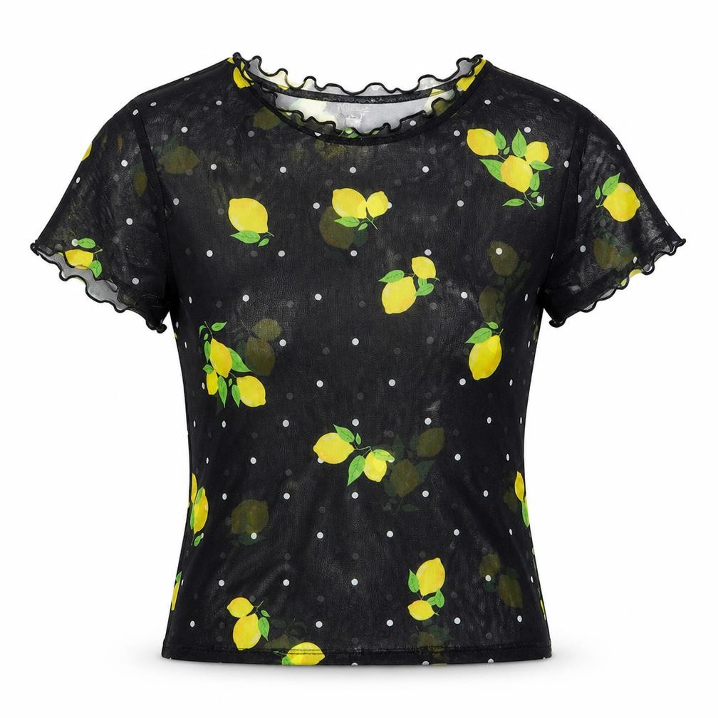Primark Womens Cropped T-Shirt Size 4 Black Geometric Crew Neck Lemon print - front view