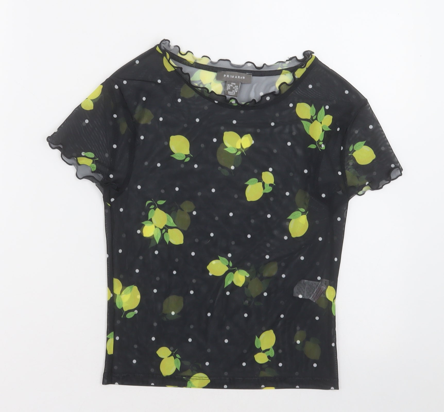 Primark Womens Cropped T-Shirt Size 4 Black Geometric Crew Neck Lemon print - reverse view