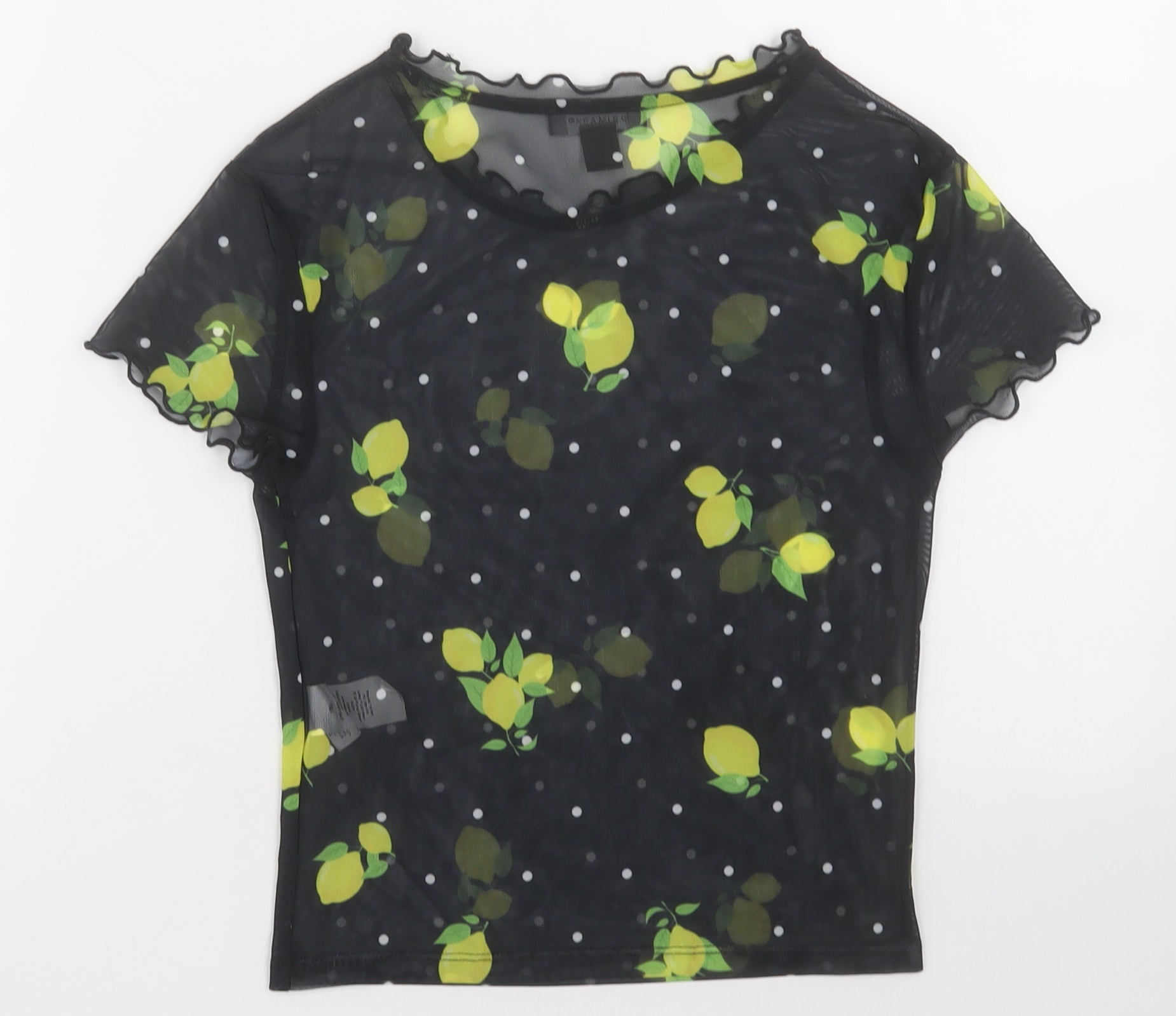 Primark Womens Cropped T-Shirt Size 4 Black Geometric Crew Neck Lemon print - label detail