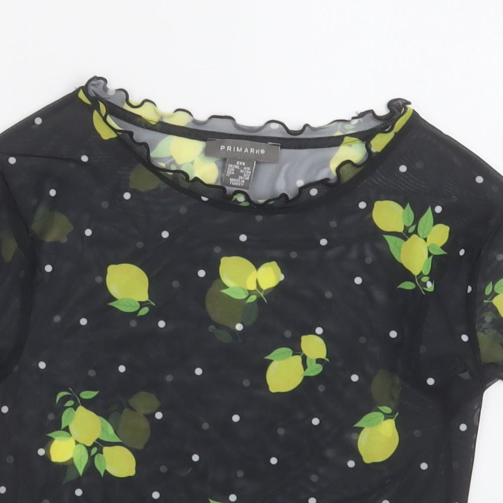 Primark Womens Cropped T-Shirt Size 4 Black Geometric Crew Neck Lemon print - close detail