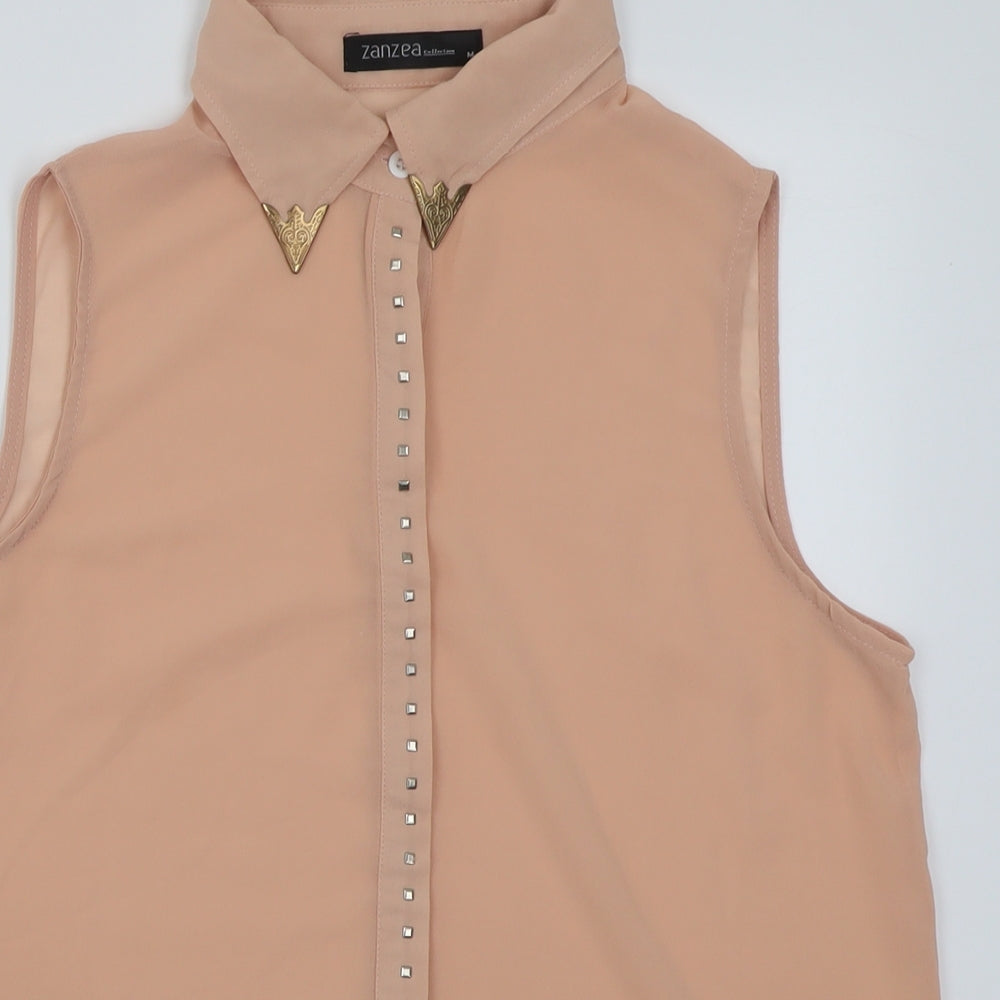Zanzea Womens Basic Button-Up Size M Pink Collared Sleeveless - close detail