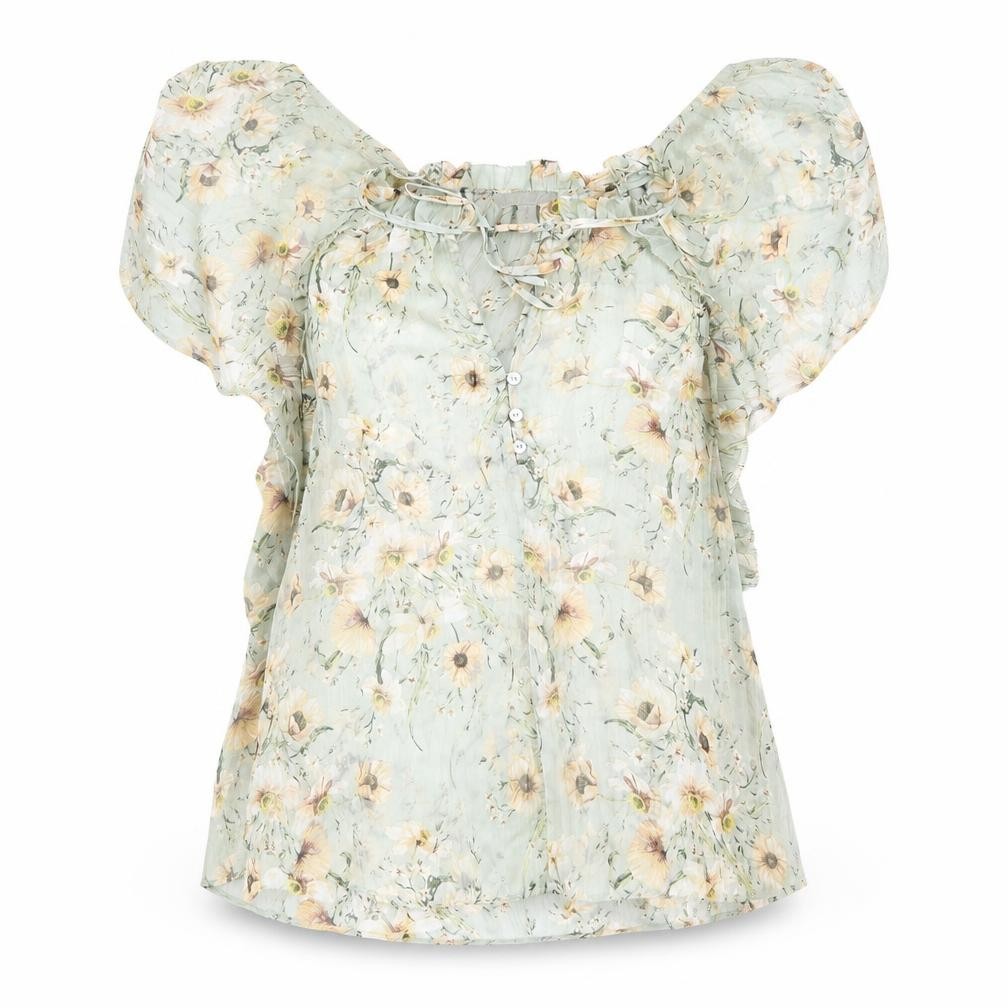 H&M Womens Basic Blouse Size 8 Green Floral Mock Neck Sleeveless Sheer Ruffle - front view