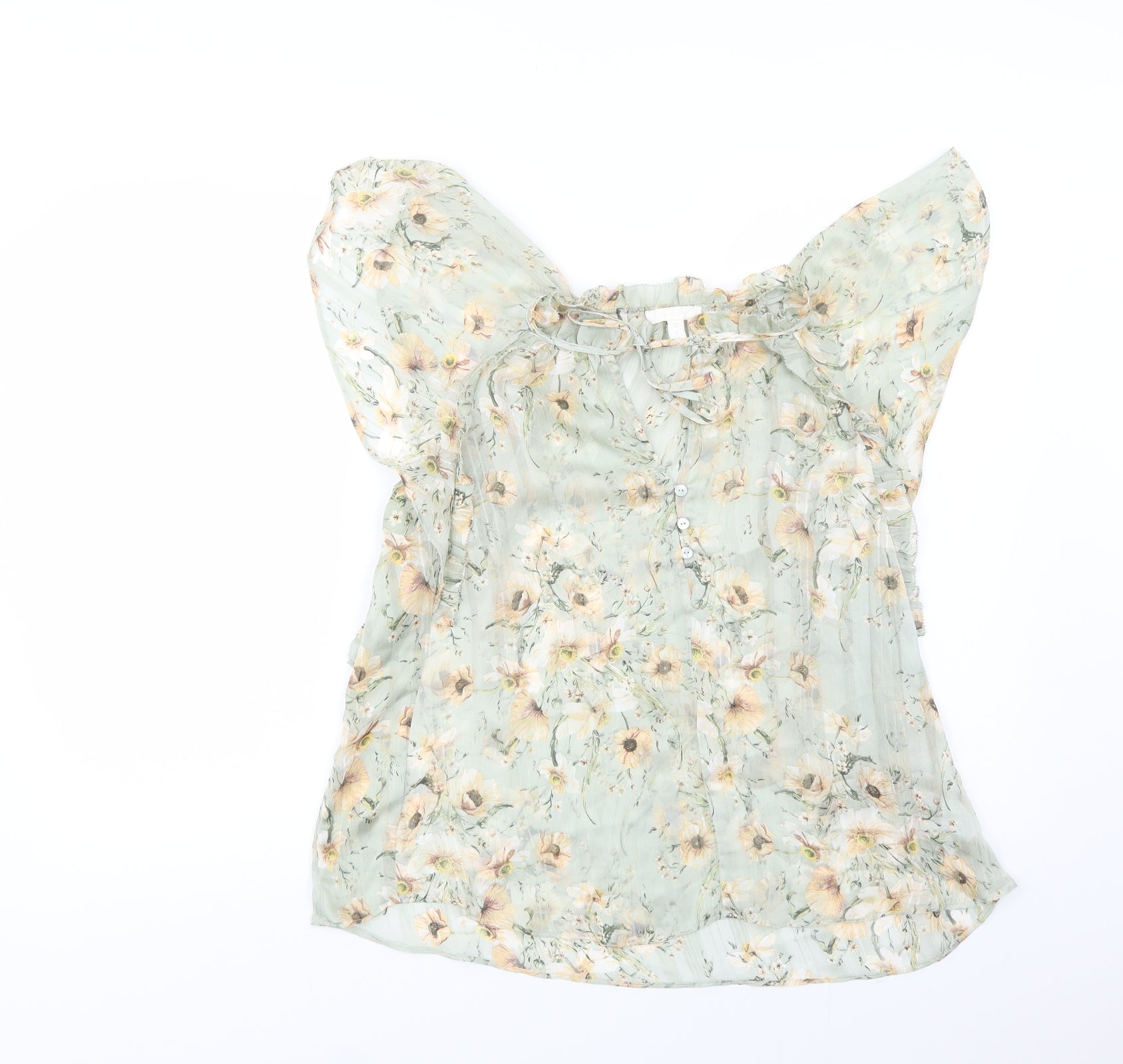 H&M Womens Basic Blouse Size 8 Green Floral Mock Neck Sleeveless Sheer Ruffle - reverse view
