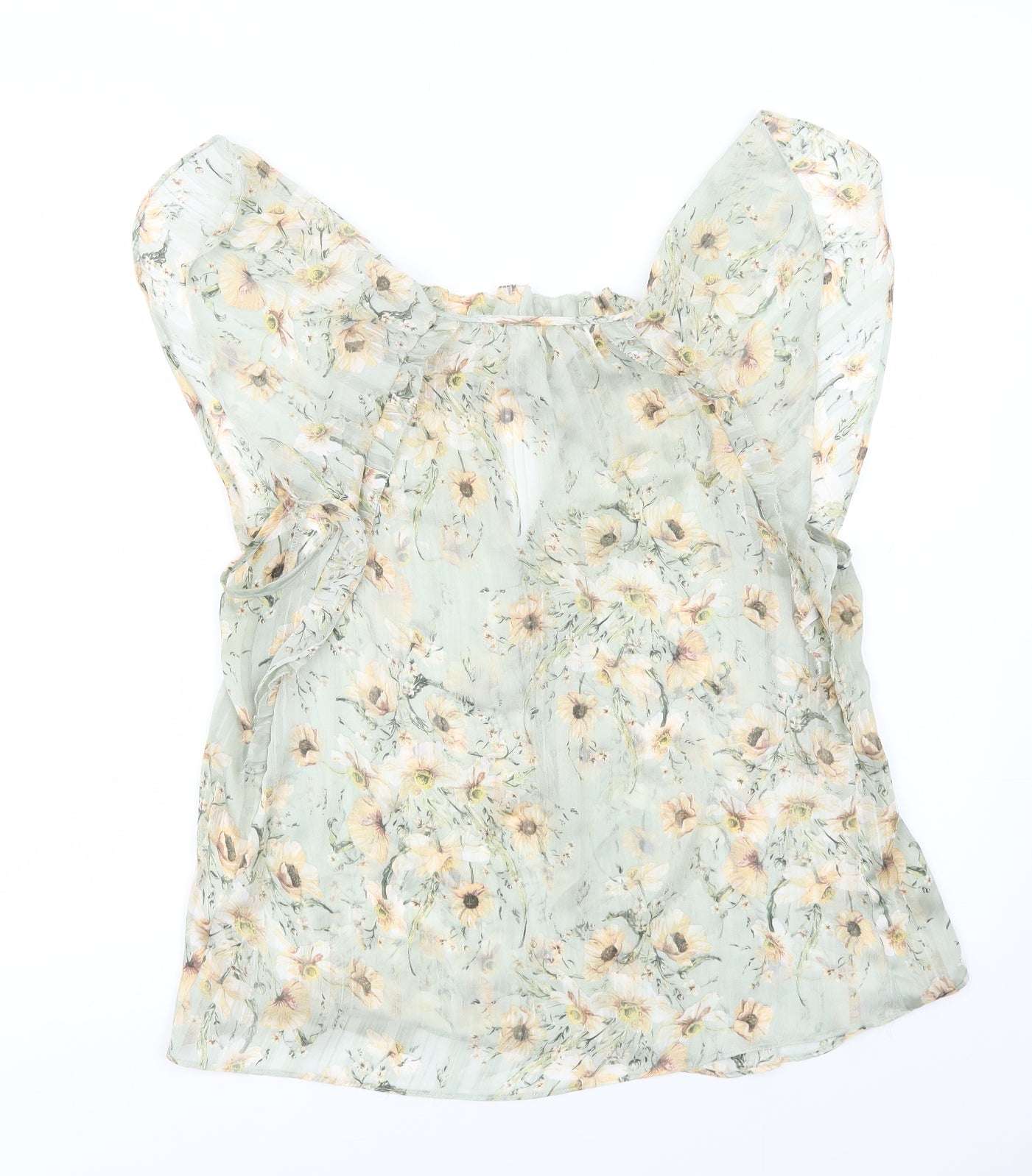 H&M Womens Basic Blouse Size 8 Green Floral Mock Neck Sleeveless Sheer Ruffle - label detail
