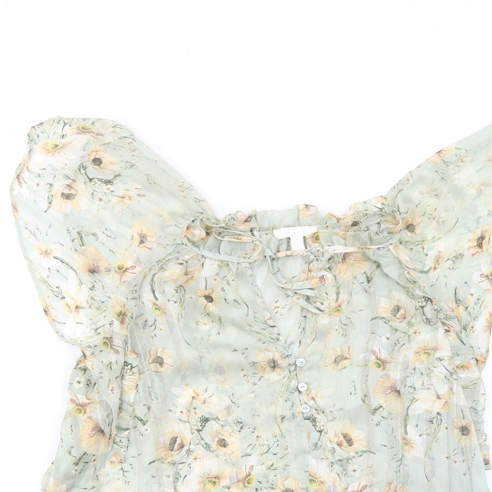 H&M Womens Basic Blouse Size 8 Green Floral Mock Neck Sleeveless Sheer Ruffle - close detail