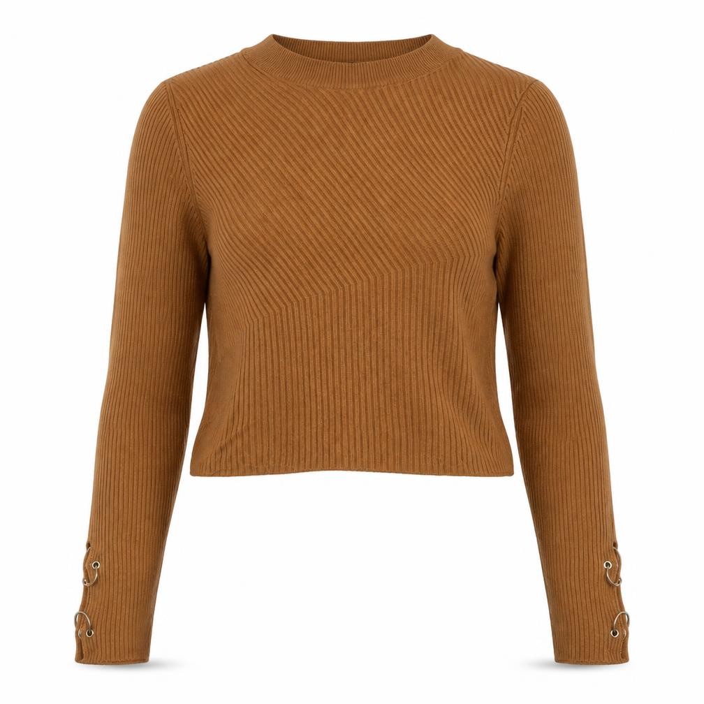 Womens Topshop Size 6 Basic Blouse Brown Round Neck Long Sleeve - front view
