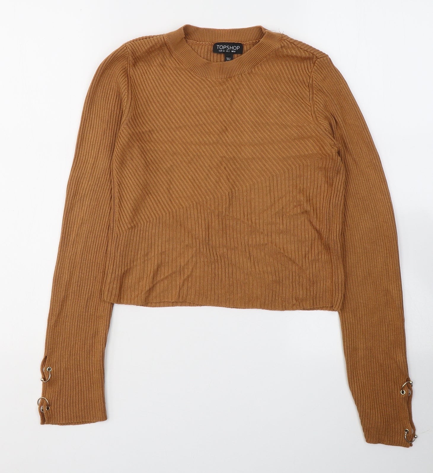 Womens Topshop Size 6 Basic Blouse Brown Round Neck Long Sleeve - reverse view