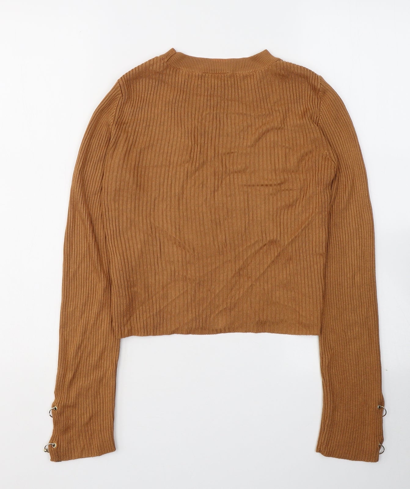 Womens Topshop Size 6 Basic Blouse Brown Round Neck Long Sleeve - label detail