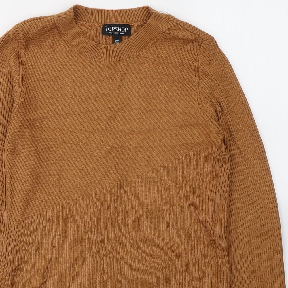 Womens Topshop Size 6 Basic Blouse Brown Round Neck Long Sleeve - close detail
