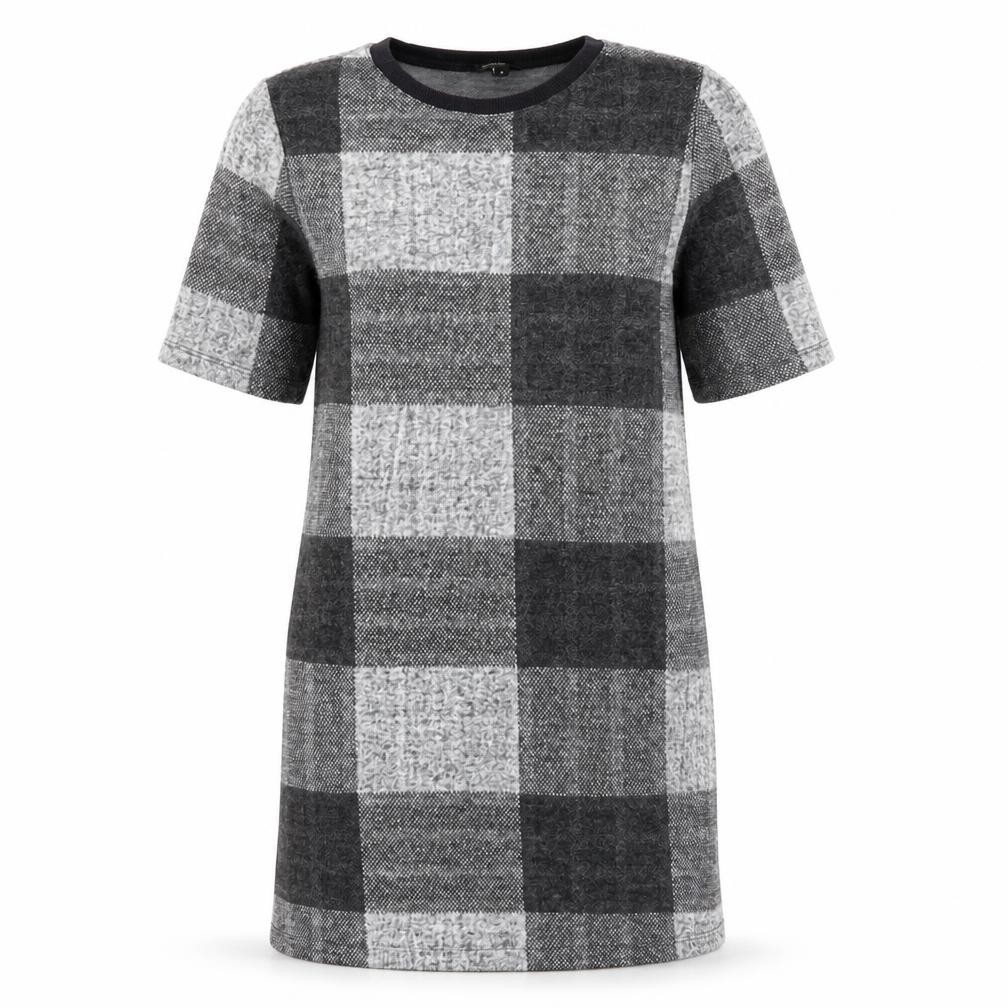 River Island Womens Jumper Dress Size 8 Grey Check Midi Crew Neck Short Sleeve - front view