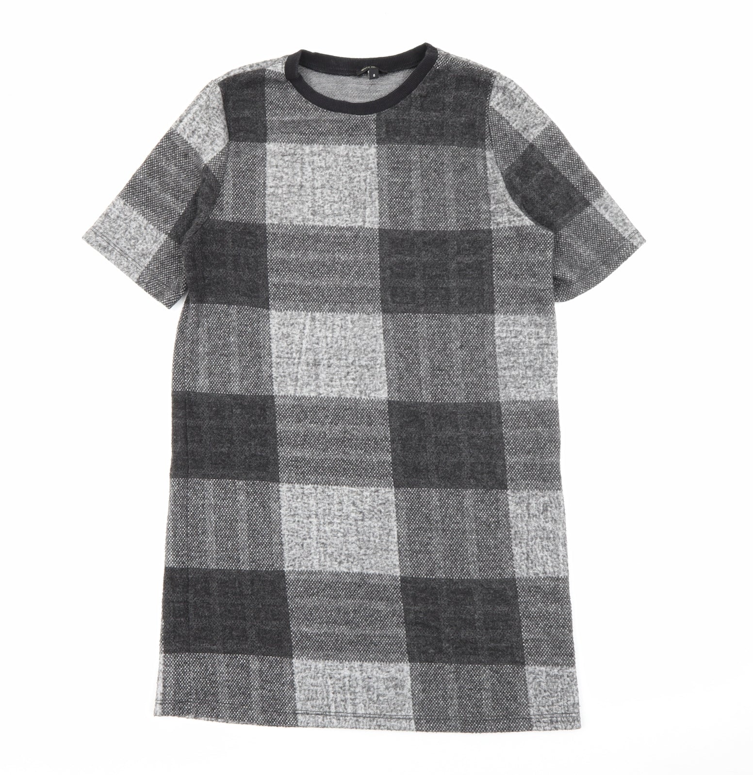 River Island Womens Jumper Dress Size 8 Grey Check Midi Crew Neck Short Sleeve - reverse view