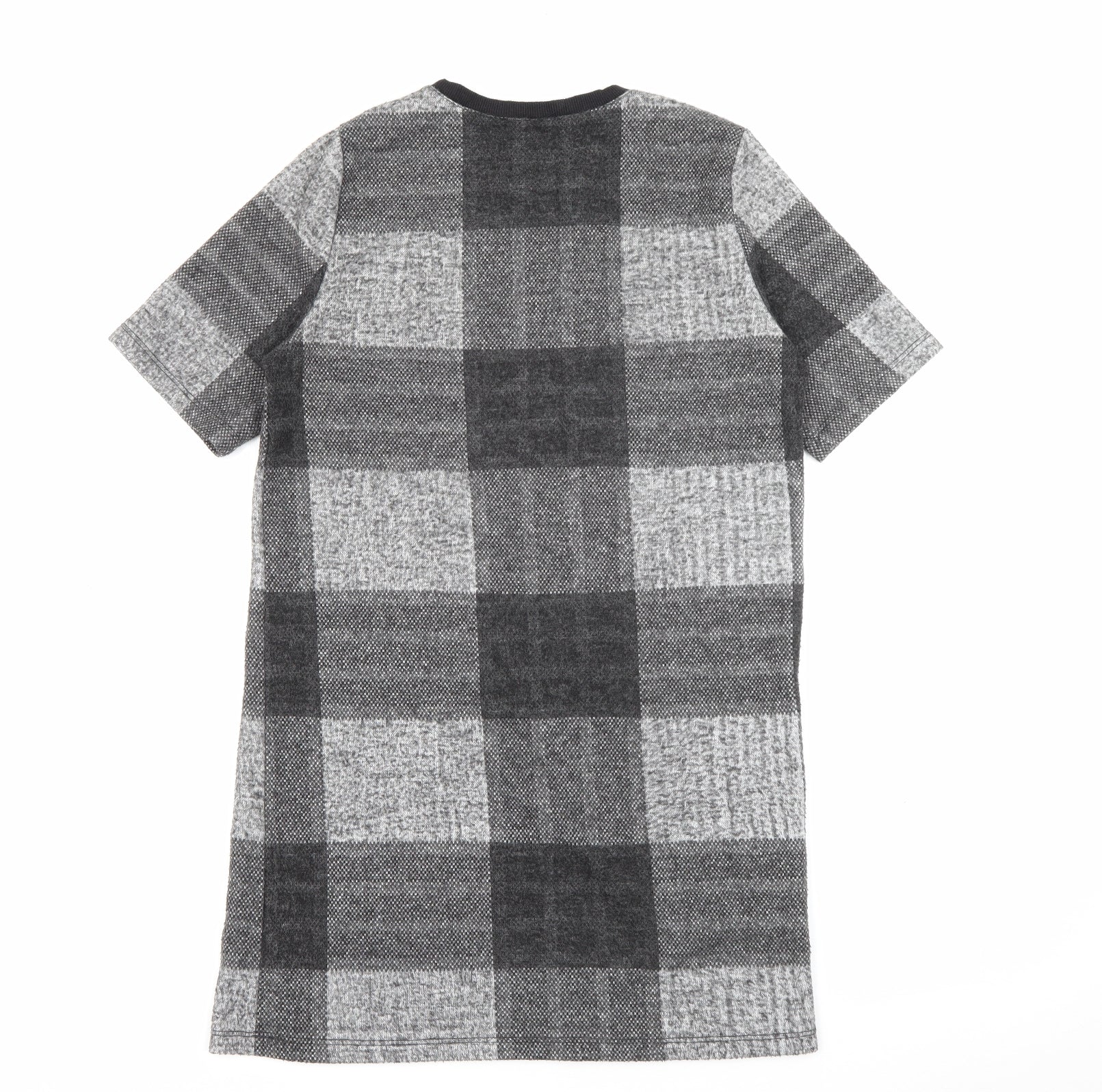 River Island Womens Jumper Dress Size 8 Grey Check Midi Crew Neck Short Sleeve - label detail