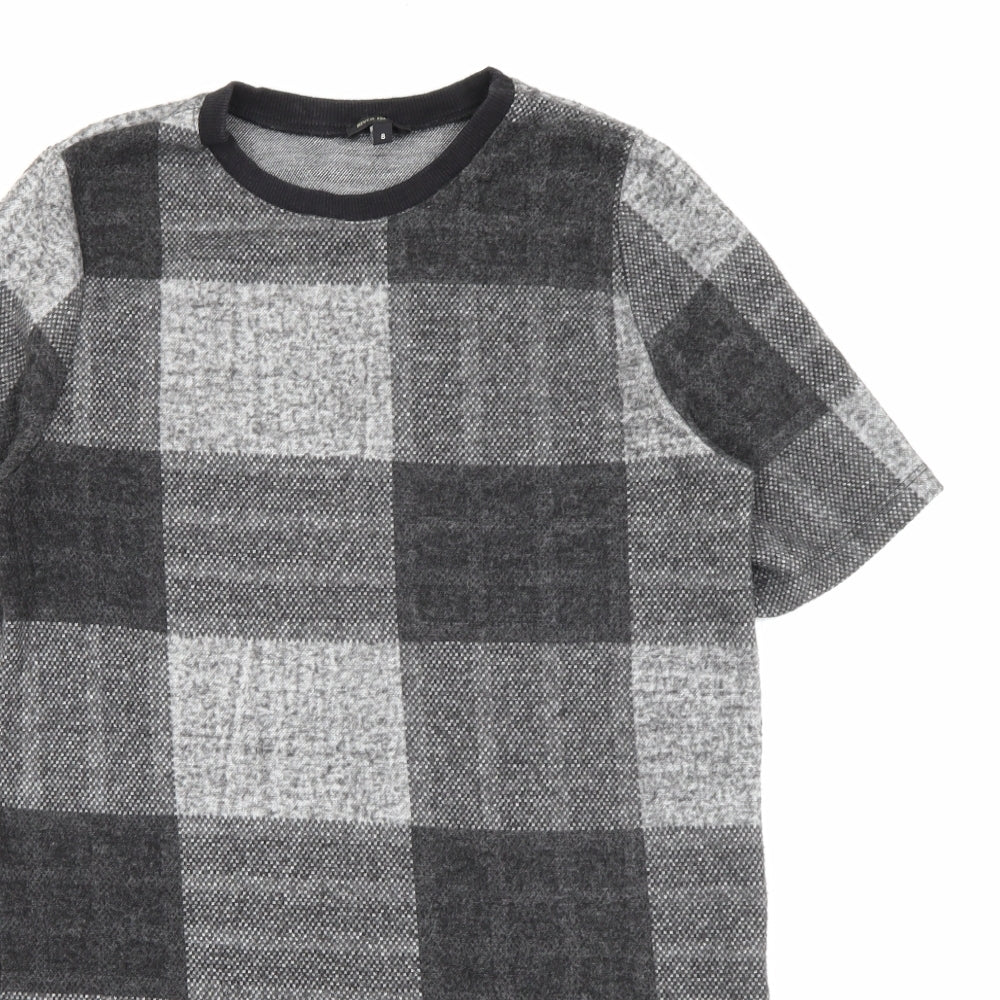 River Island Womens Jumper Dress Size 8 Grey Check Midi Crew Neck Short Sleeve - close detail