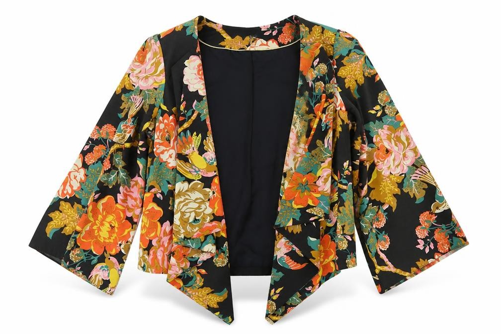 Womens Atmosphere Size XS Jacket Black Floral Flare Sleeve Short - front view