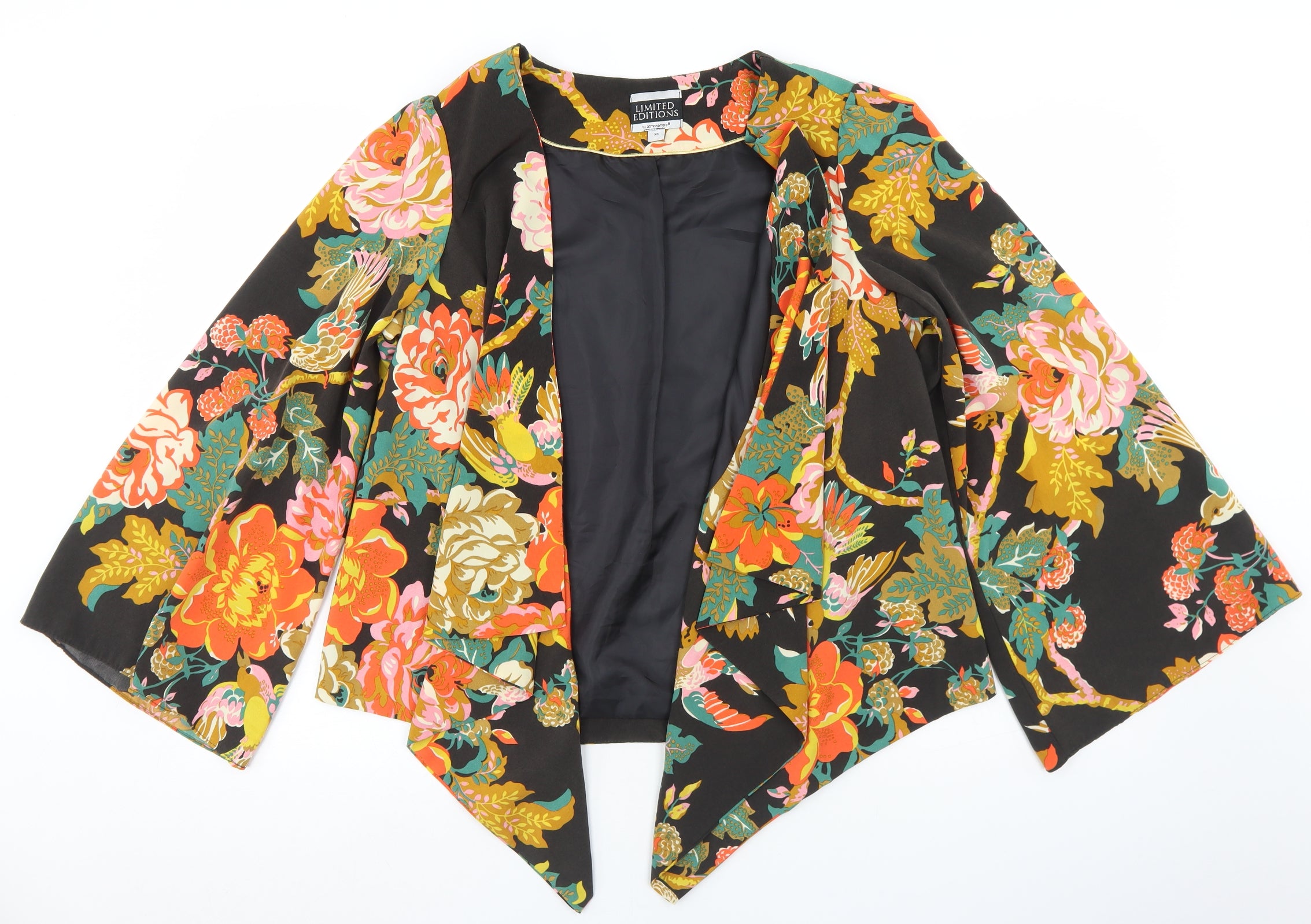 Womens Atmosphere Size XS Jacket Black Floral Flare Sleeve Short - reverse view