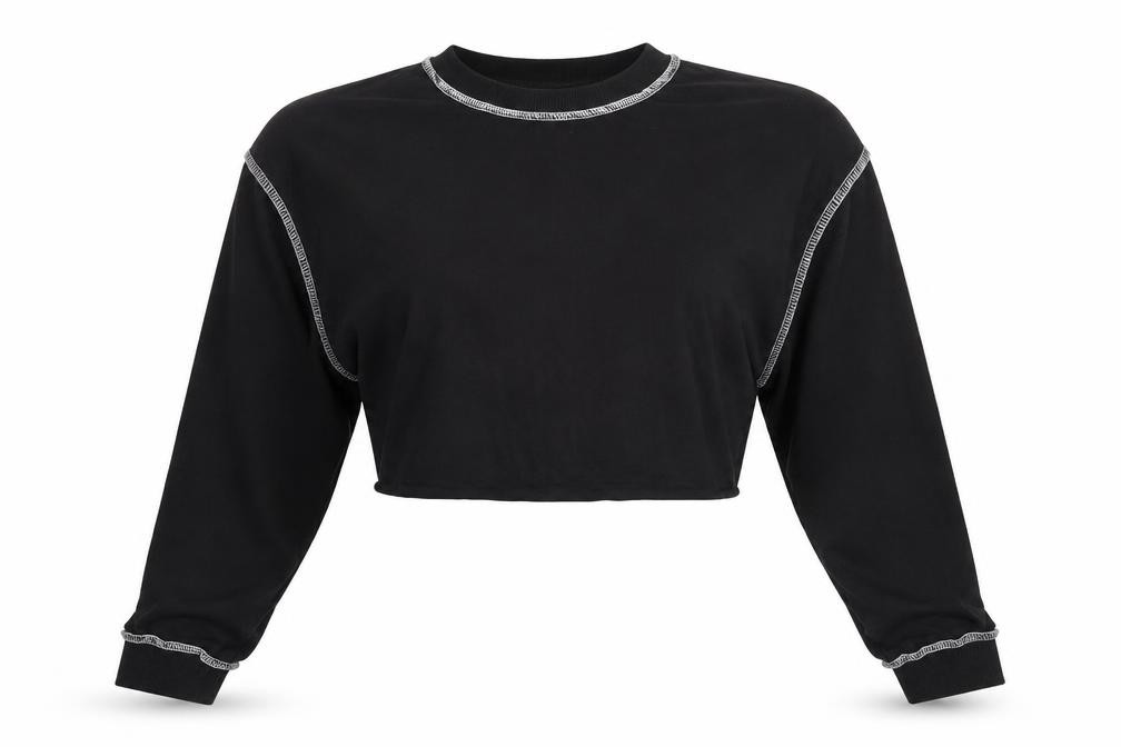 Womens ASOS Size 4 Cropped T-Shirt Black Crew Neck Long Sleeve - front view