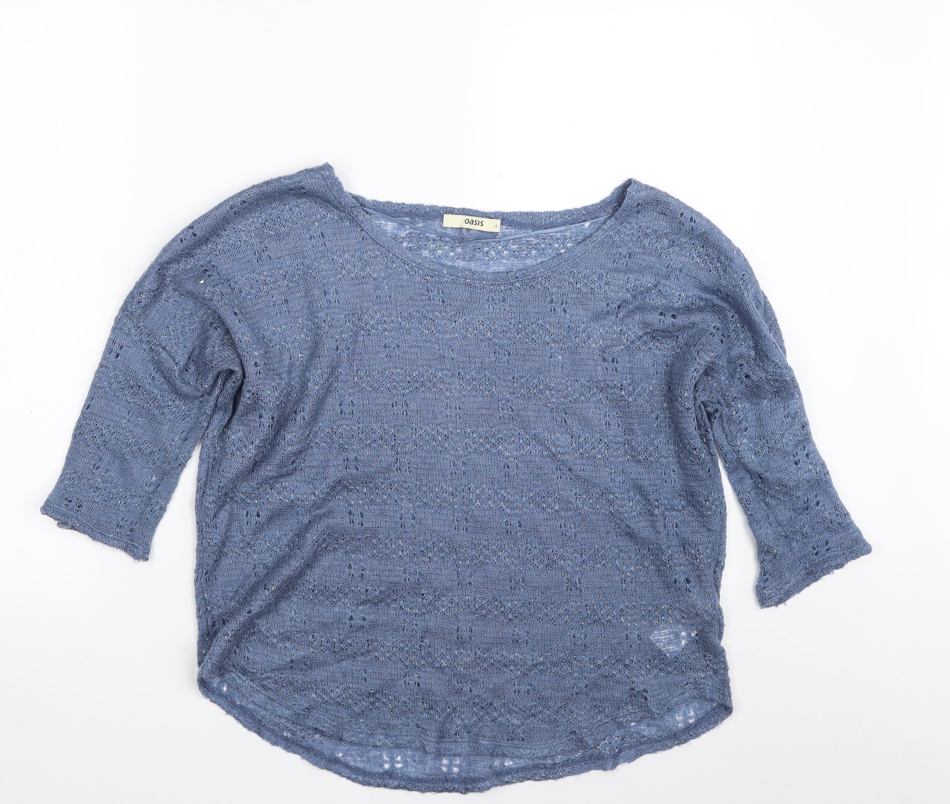 Oasis Womens Pullover Jumper Size S Blue Boat Neck Short Sleeve - reverse view