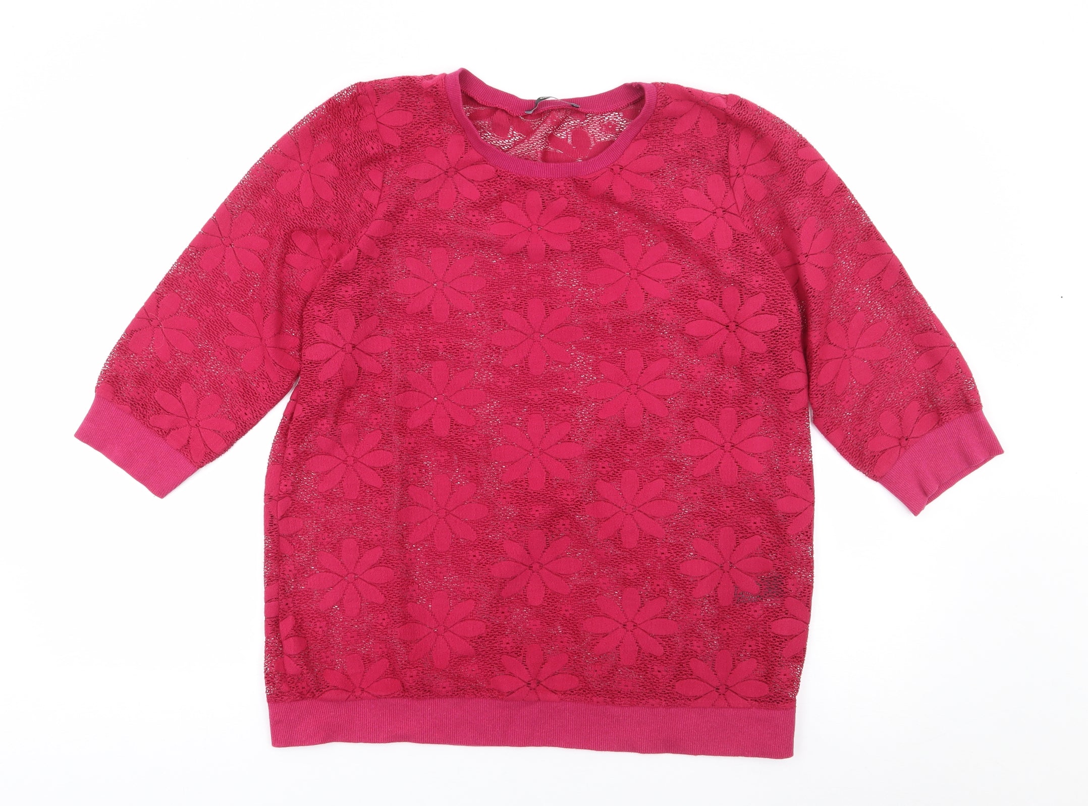 George Womens Pullover Jumper Size 14 Pink Crew Neck Floral 3/4 Sleeve - reverse view