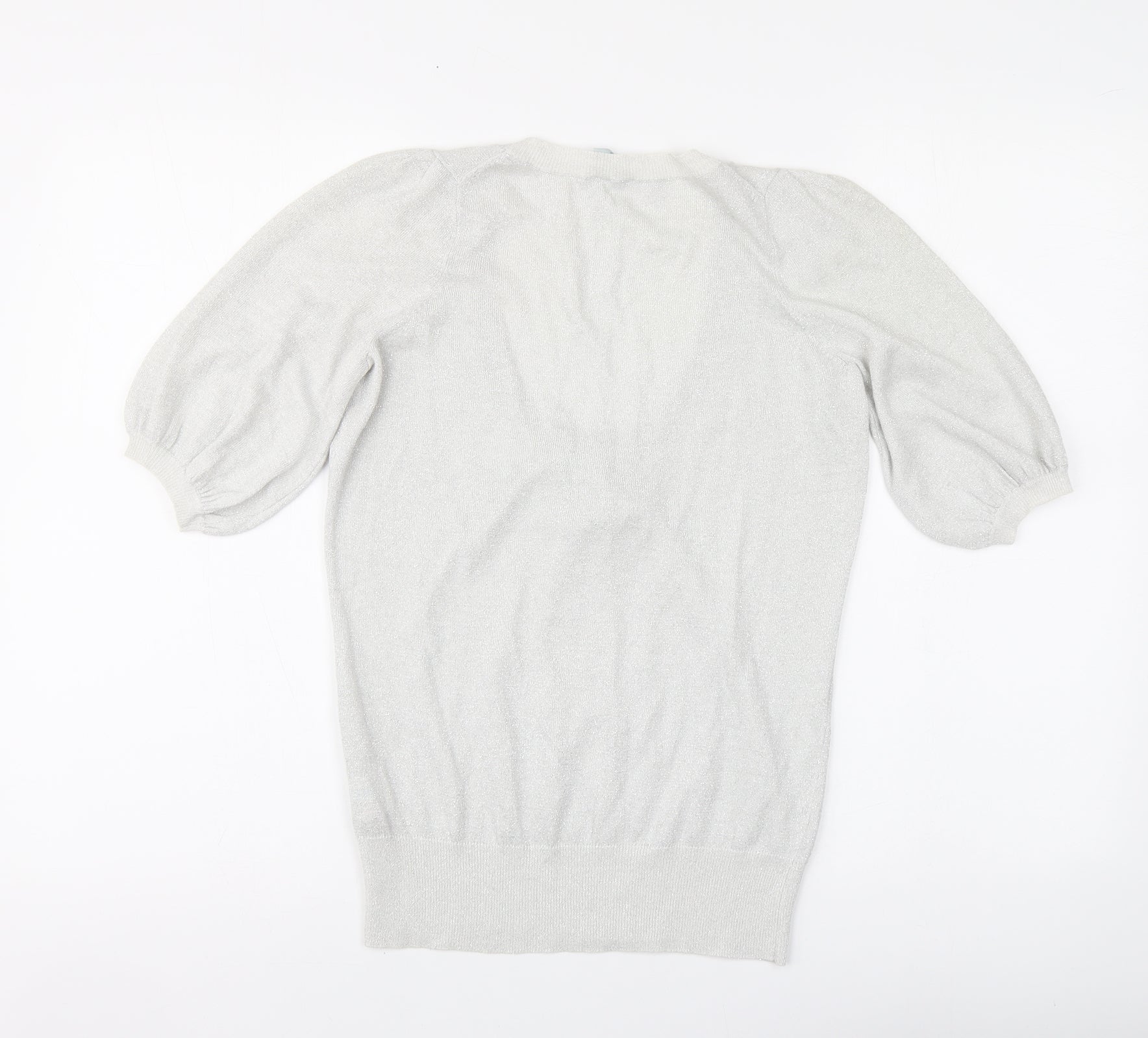 Oasis Womens Pullover Jumper Size 8 UK '' Silver Round Neck Short Sleeve - label detail