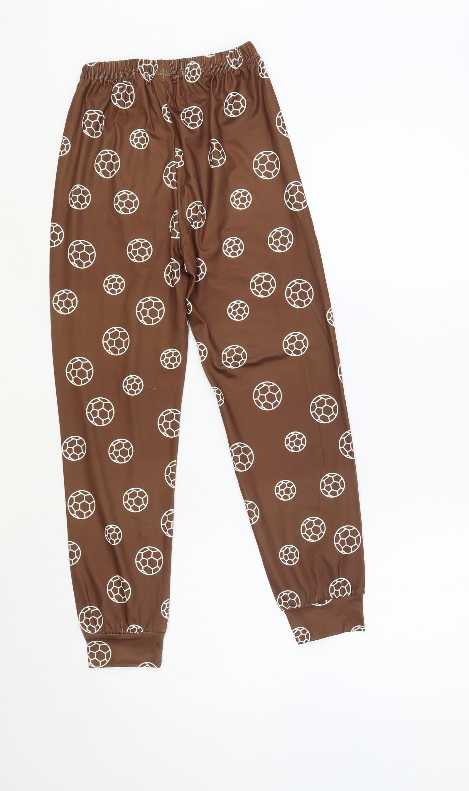 SheIn Girls Jogger Trousers Size 8-9 Years UK '' Brown Geometric Football Print - label detail