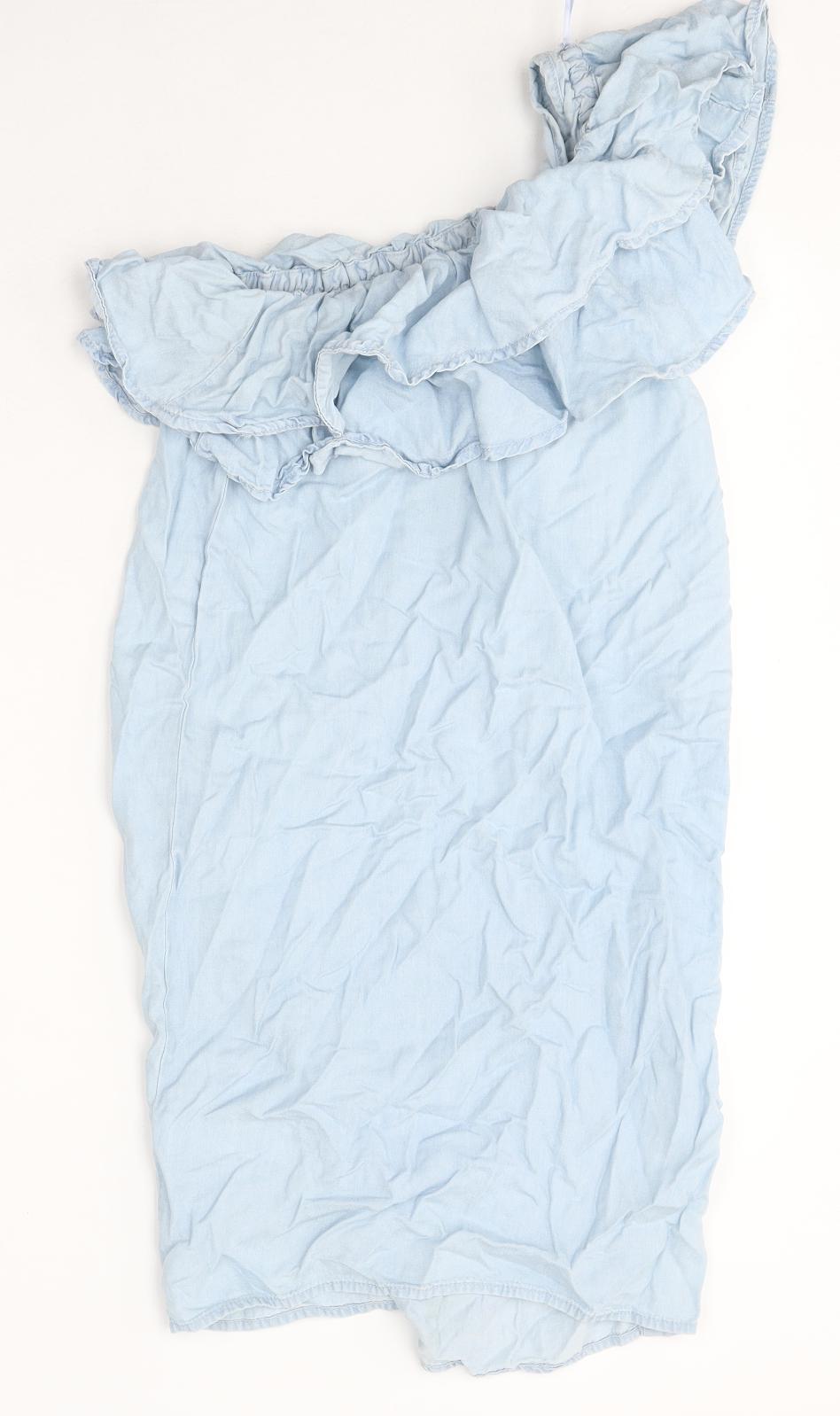 New Look Womens Mini Dress Size 6 UK '' Blue Short One Shoulder Sleeveless - label detail