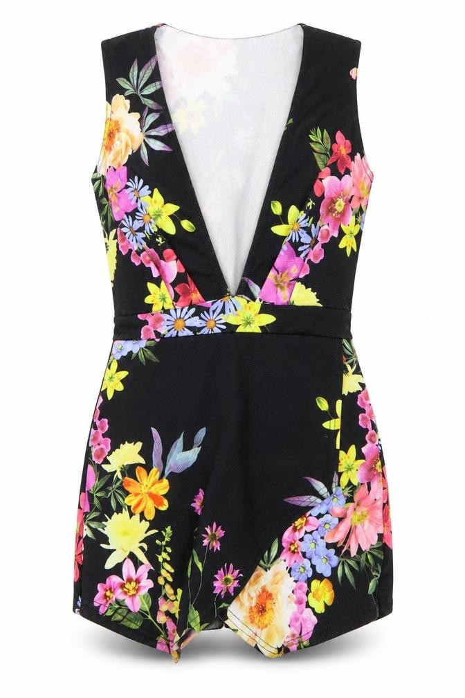 Boohoo Womens Romper One-Piece Size 8 UK '' Black Floral Sleeveless - front view