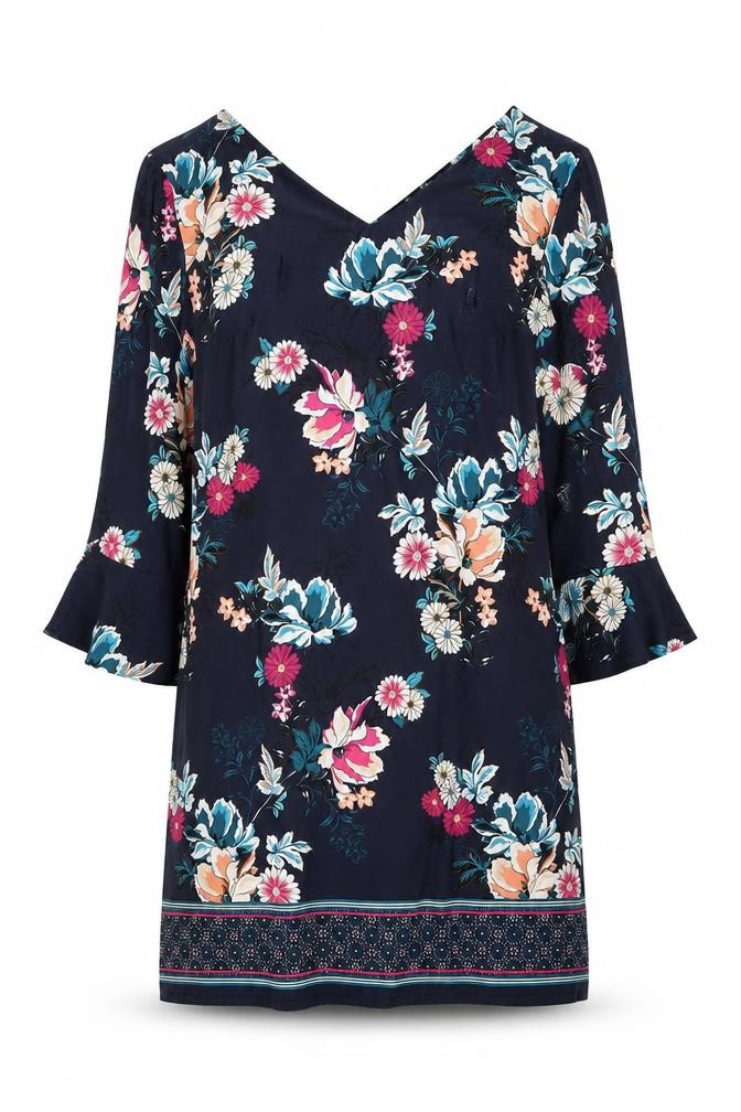 F&F Womens A-Line Dress Size 12 UK '' Blue Floral Short V-Neck Long Sleeve - front view