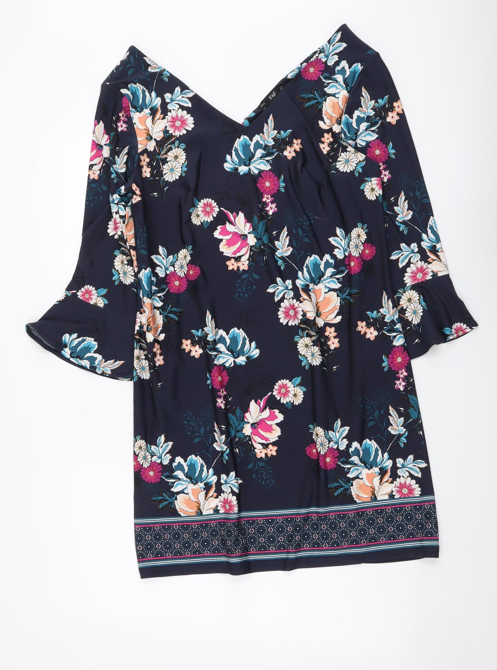 F&F Womens A-Line Dress Size 12 UK '' Blue Floral Short V-Neck Long Sleeve - reverse view