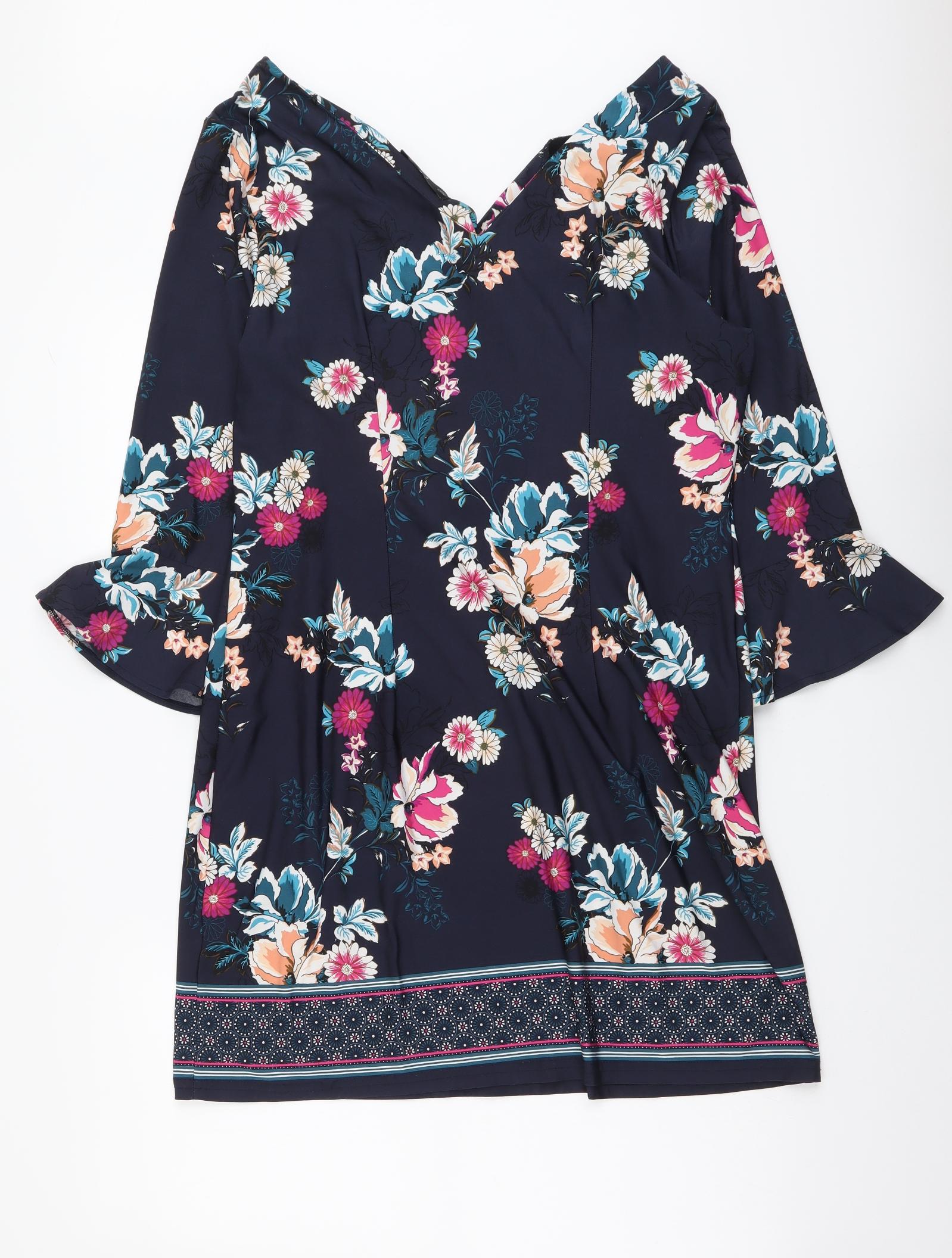 F&F Womens A-Line Dress Size 12 UK '' Blue Floral Short V-Neck Long Sleeve - label detail