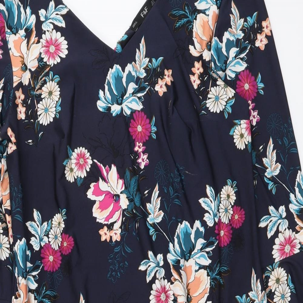 F&F Womens A-Line Dress Size 12 UK '' Blue Floral Short V-Neck Long Sleeve - close detail