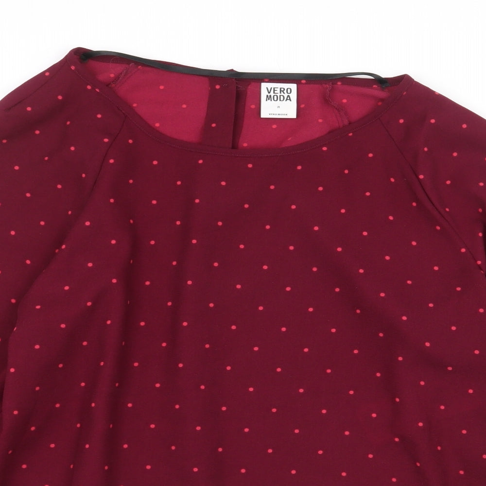 VERO MODA Womens Basic Blouse Size M UK '' Red Polka Dot Boat Neck Long Sleeve - close detail