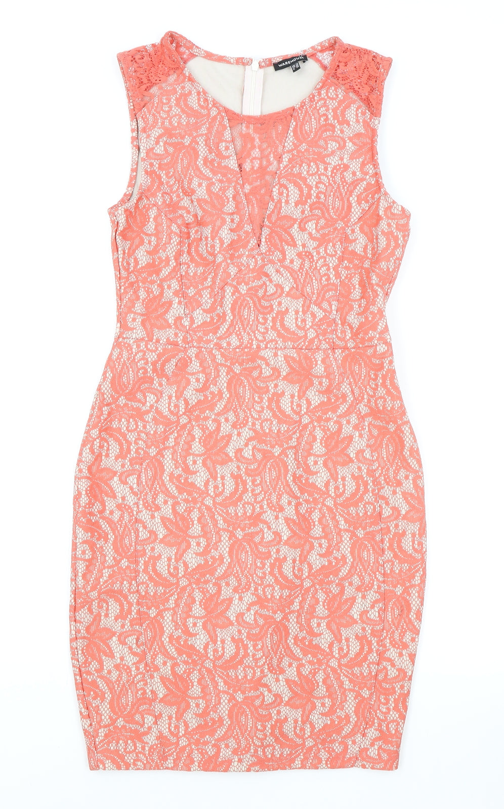 Warehouse Womens A-Line Dress Size 10 UK '' Pink Floral Short Boat Neck Stretch - reverse view