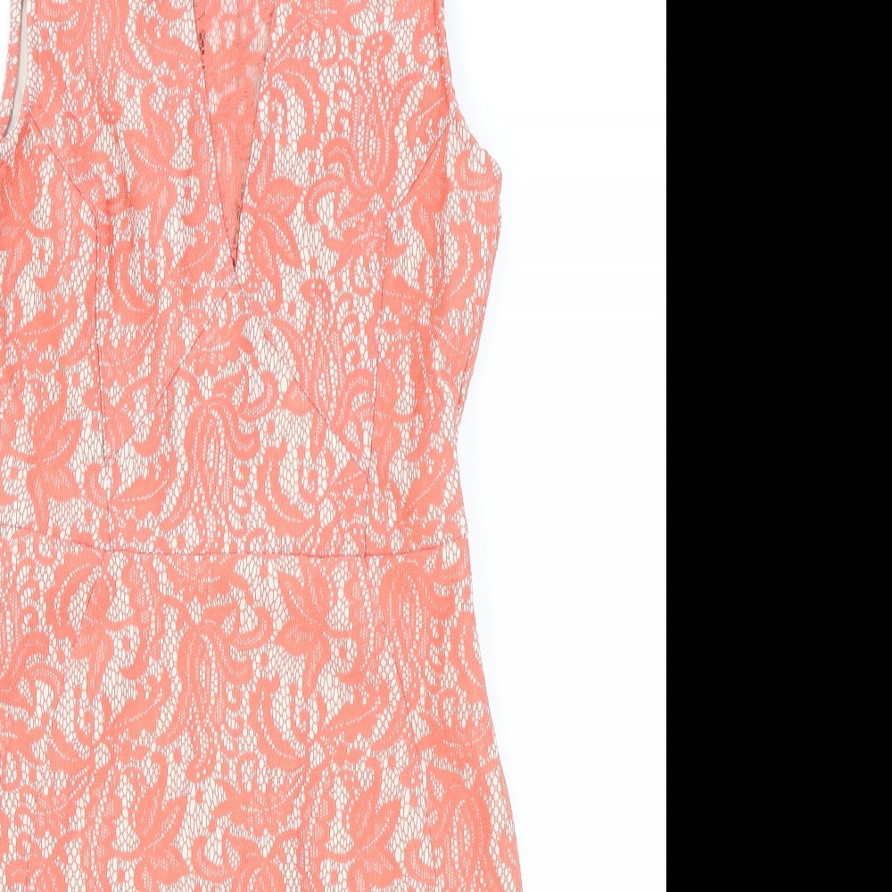 Warehouse Womens A-Line Dress Size 10 UK '' Pink Floral Short Boat Neck Stretch - close detail