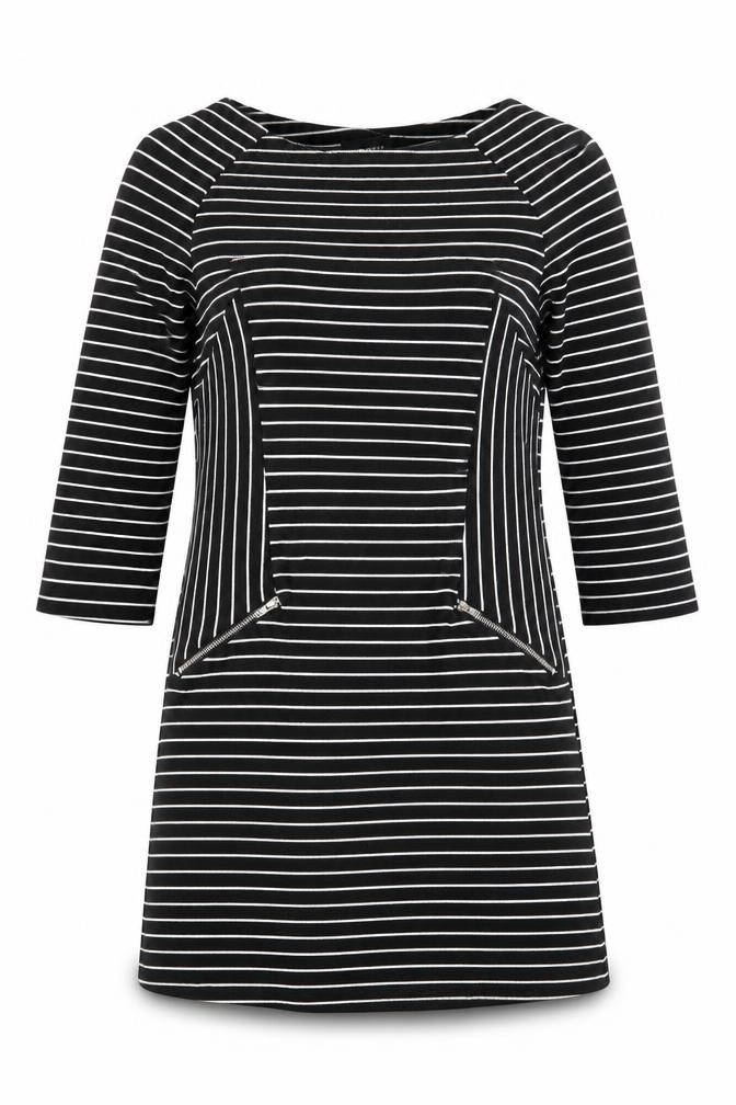 Warehouse Womens A-Line Dress Size 10 UK '' Black Striped Knee Length Round Neck - front view