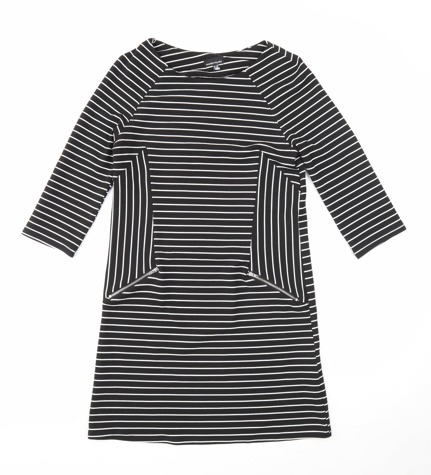 Warehouse Womens A-Line Dress Size 10 UK '' Black Striped Knee Length Round Neck - reverse view