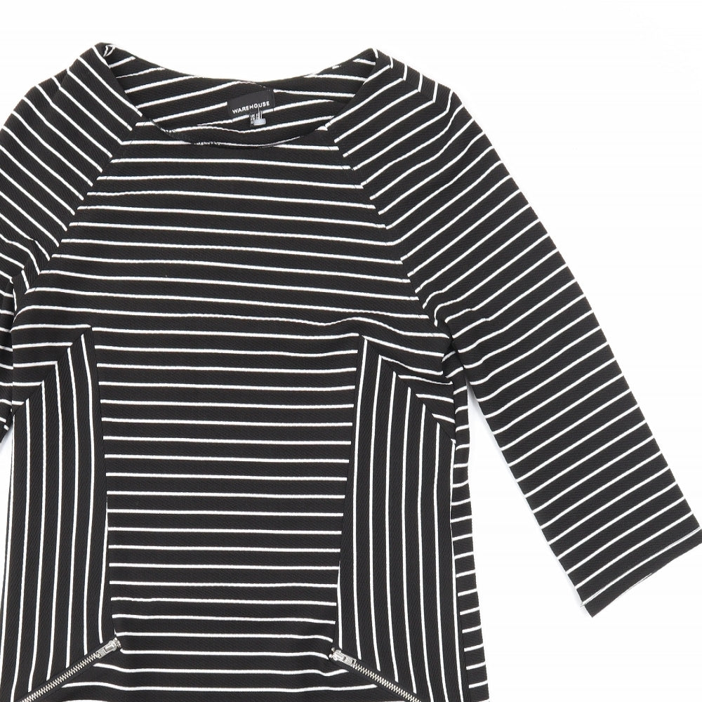 Warehouse Womens A-Line Dress Size 10 UK '' Black Striped Knee Length Round Neck - close detail