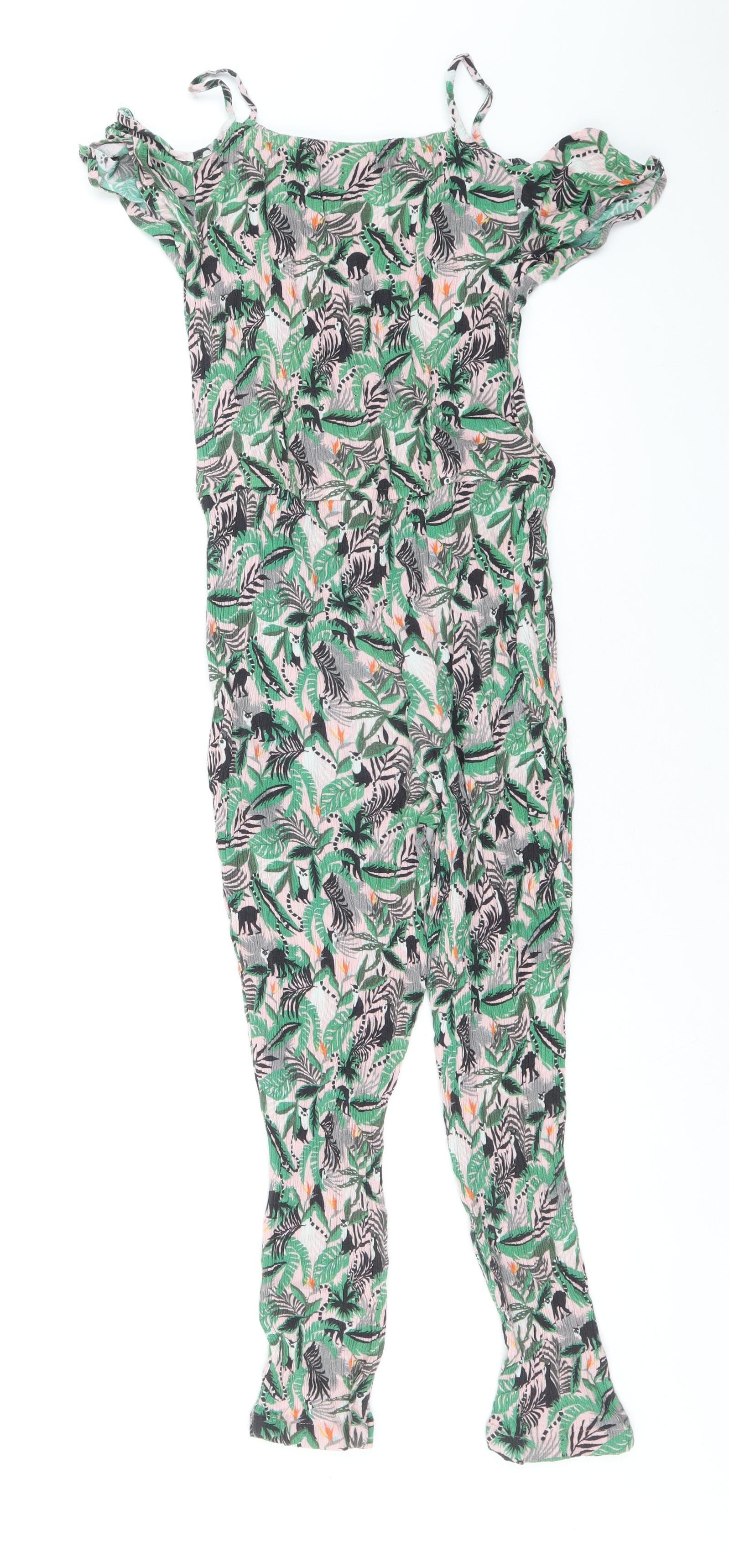 NEXT Girls Jumpsuit One-Piece Size 10 Years UK '' Green Geometric Leaf Print - label detail