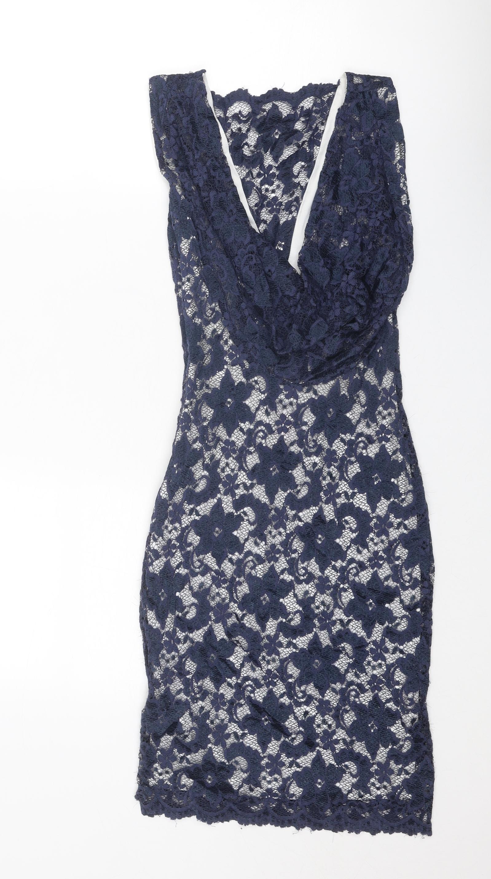 Lipsy Womens A-Line Dress Size 8 UK '' Blue Floral Knee Length Square Neck - label detail