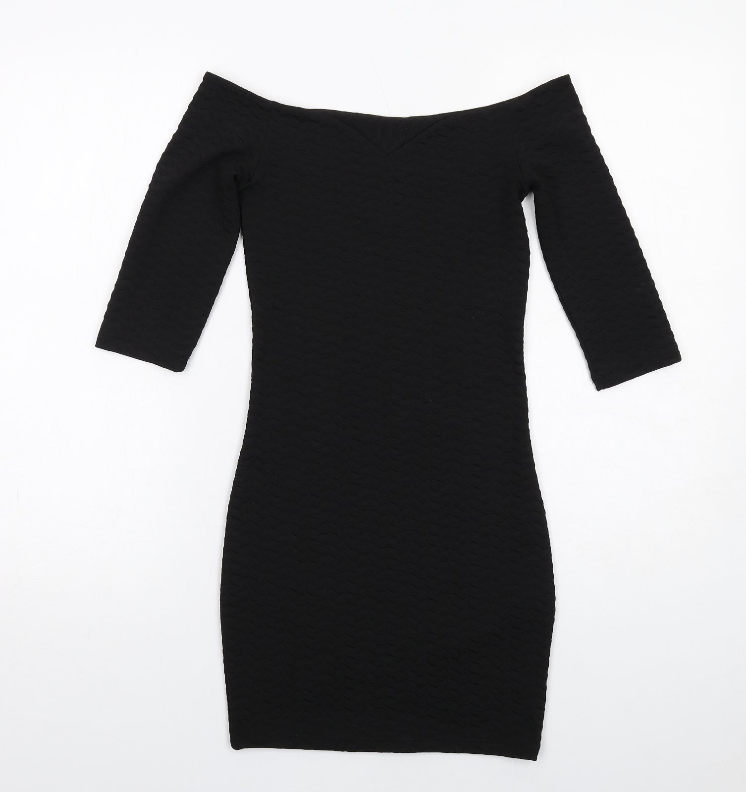 Womens Miss Selfridge Size 8 UK '' Bodycon Dress Black Short Off the Shoulder - reverse view