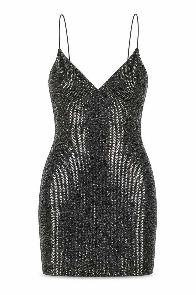 H&M Womens Bodycon Dress Size XS UK '' Black Short V-Neck Sleeveless Sequin - front view