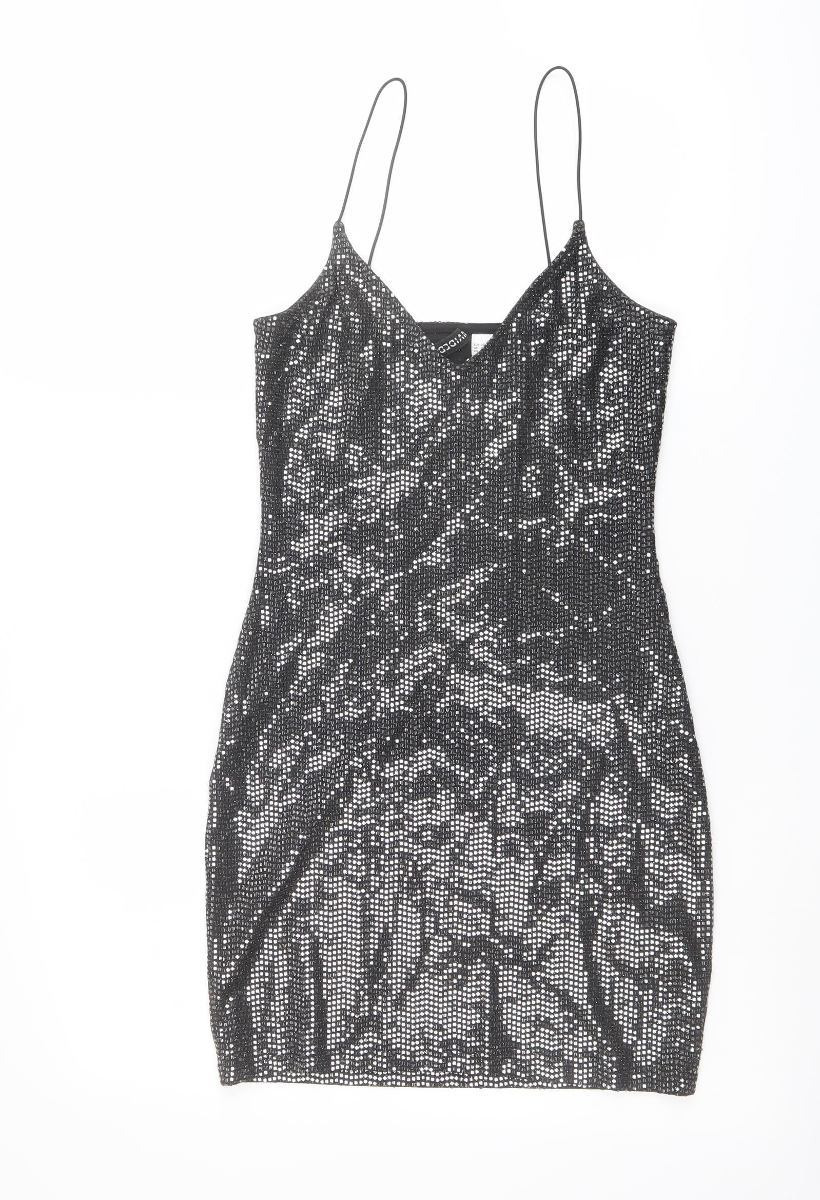 H&M Womens Bodycon Dress Size XS UK '' Black Short V-Neck Sleeveless Sequin - reverse view