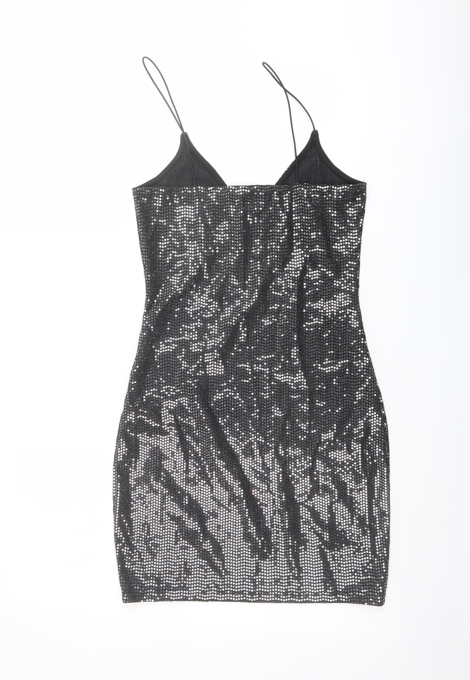 H&M Womens Bodycon Dress Size XS UK '' Black Short V-Neck Sleeveless Sequin - label detail