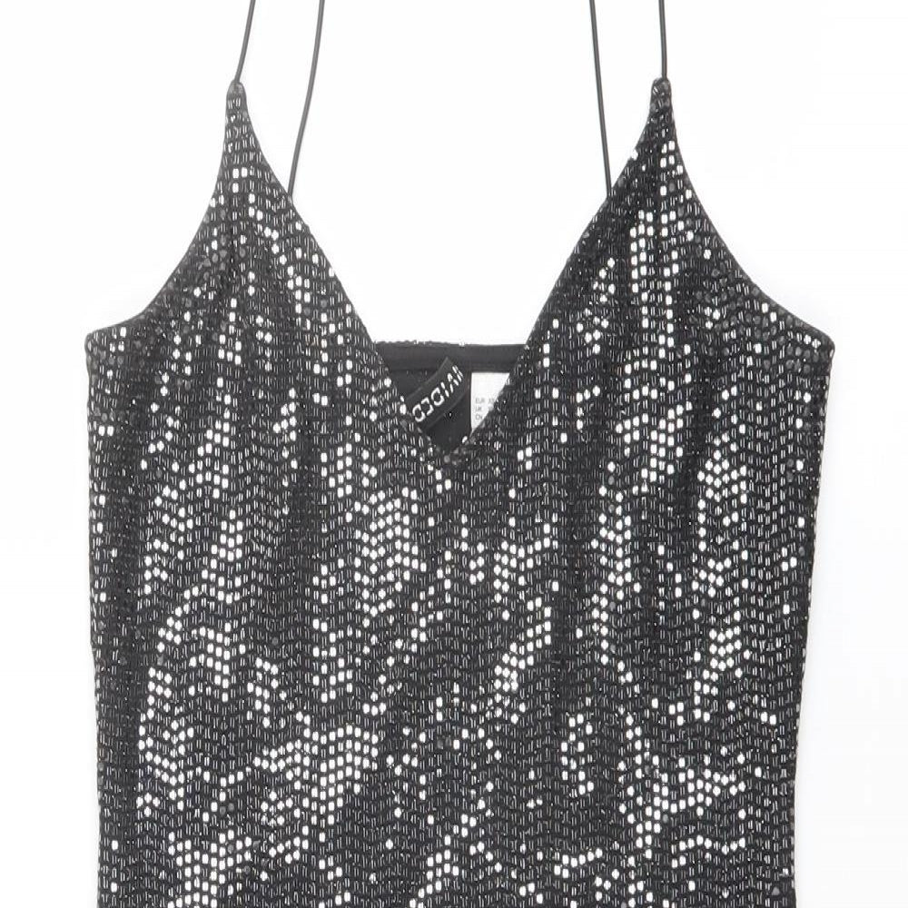 H&M Womens Bodycon Dress Size XS UK '' Black Short V-Neck Sleeveless Sequin - close detail