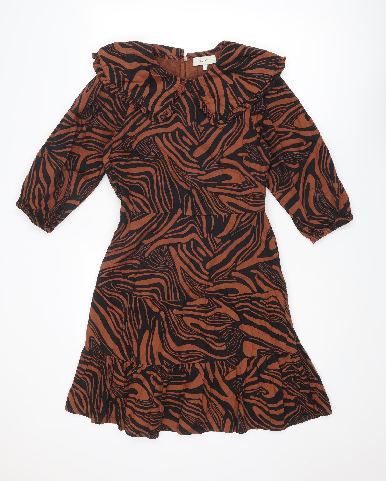 Womens NEXT Size 8 UK '' Skater Dress Brown Geometric Knee Length Round Neck - reverse view
