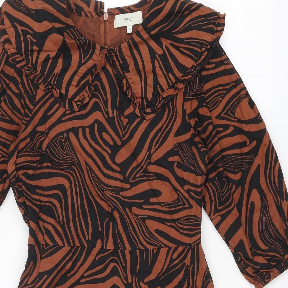 Womens NEXT Size 8 UK '' Skater Dress Brown Geometric Knee Length Round Neck - close detail