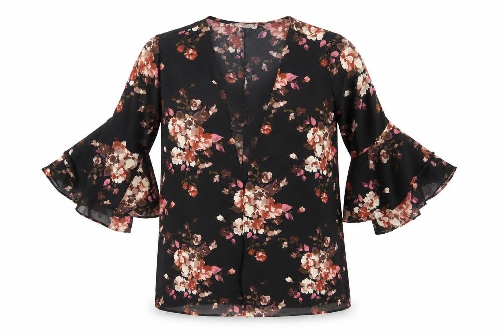 Womens Style Therapy Size M UK '' Kimono Blouse Black Floral V-Neck 3/4 Sleeve - front view