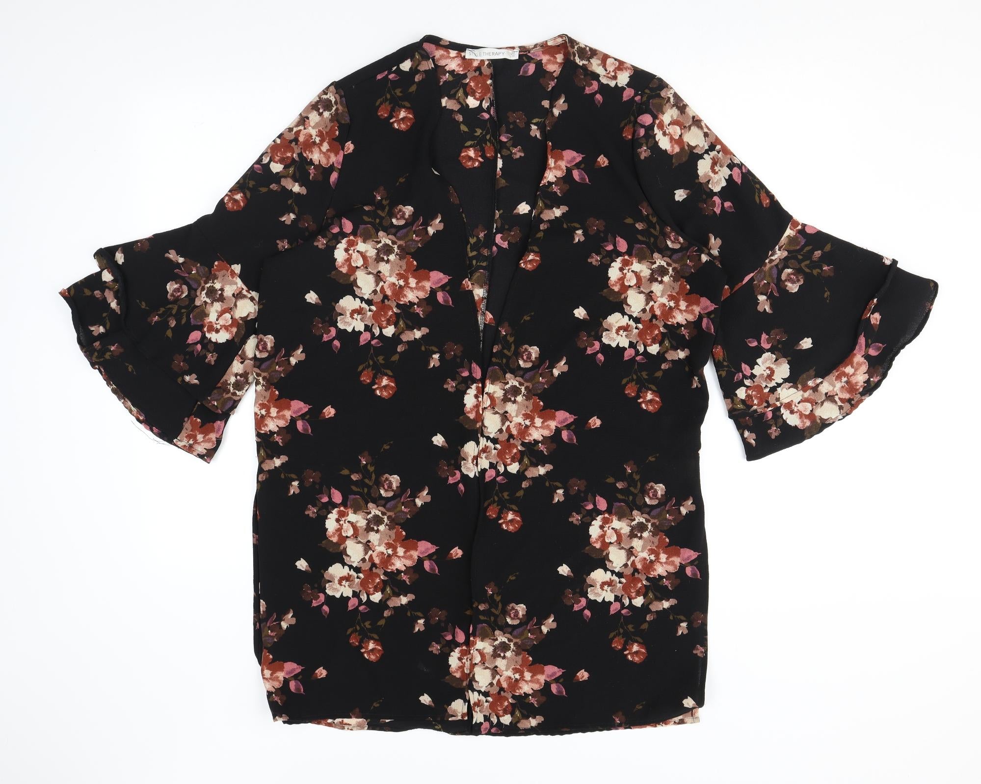 Womens Style Therapy Size M UK '' Kimono Blouse Black Floral V-Neck 3/4 Sleeve - reverse view