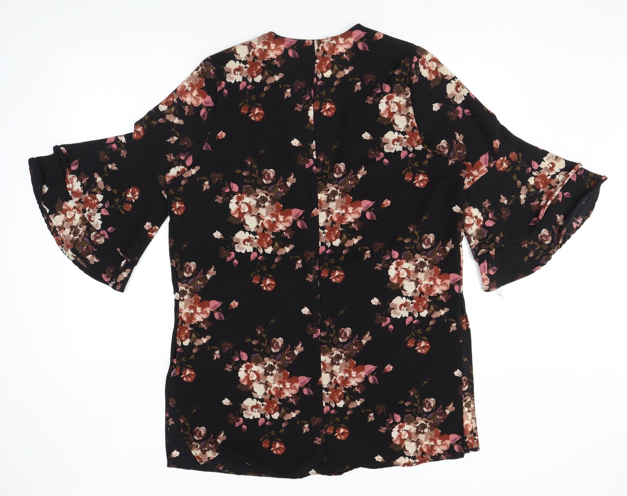 Womens Style Therapy Size M UK '' Kimono Blouse Black Floral V-Neck 3/4 Sleeve - label detail