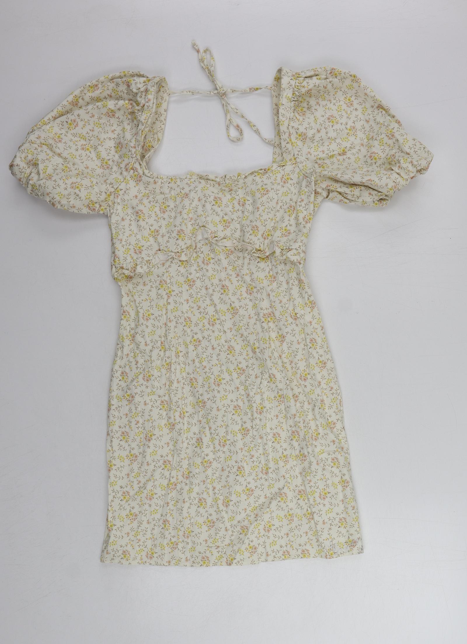 Womens Topshop Size 10 UK '' Mini Dress Beige Floral Short Square Neck - reverse view
