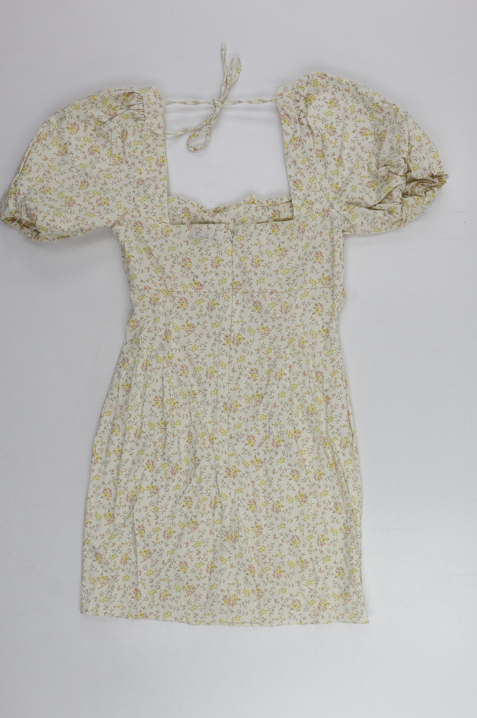 Womens Topshop Size 10 UK '' Mini Dress Beige Floral Short Square Neck - label detail